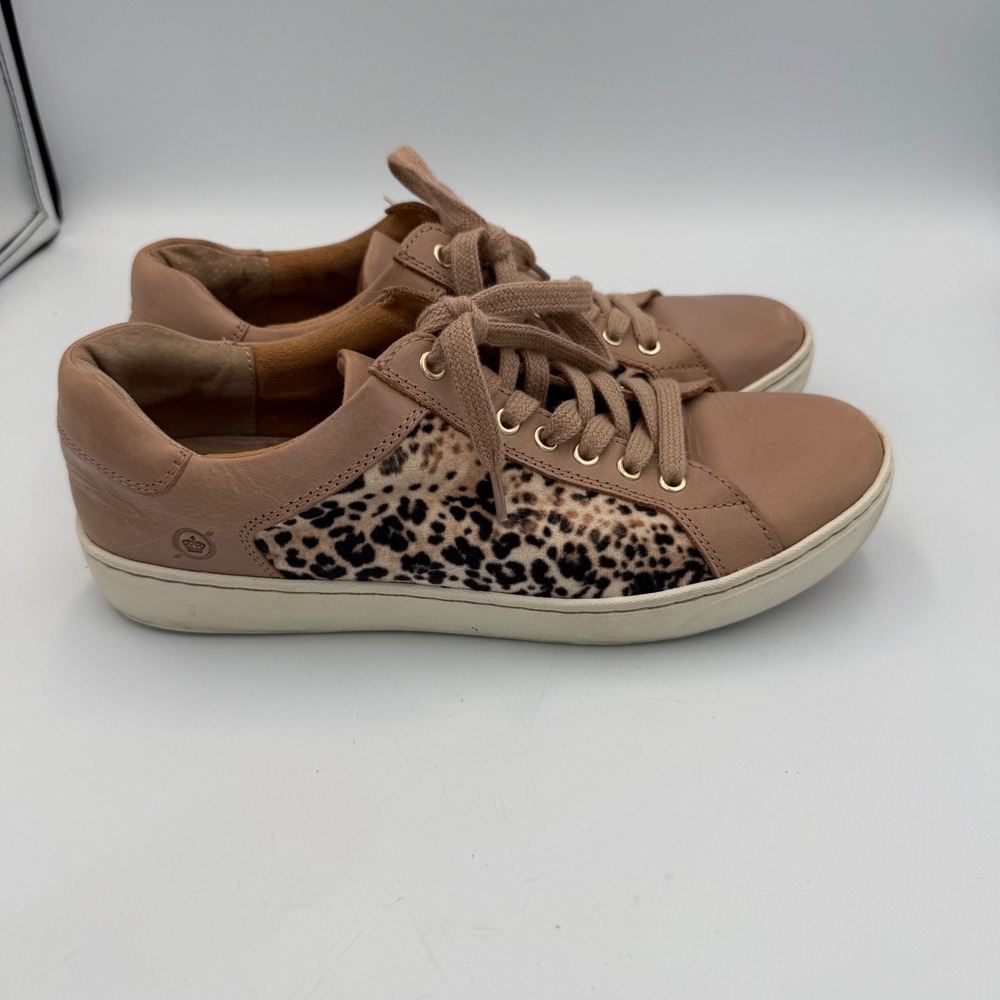 Born Tan Leather Leopard Print Calf Hair Low Top Sneakers Animal Print Women 8.5